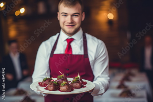 Hand of waiter from restaurant with a terrace on the beach with a view of the turquoise sea carries heavy plates with hamburgers for guests.
