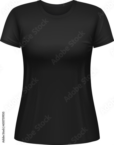 Black women tshirt isolated 3d vector apparel mockup. Realistic female garment, underwear clothes. Blank wear clothing design, outfit object front view
