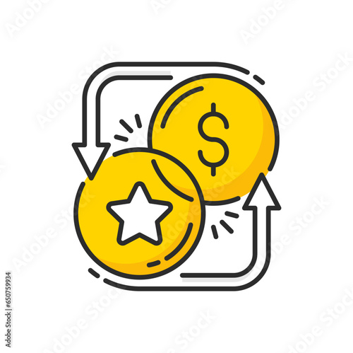 Loyalty point and money coins with exchange arrows icon. Vector special benefits, bonus points, prize reward or gift transfer line symbol of gold token and dollar coins, customer loyalty incentive