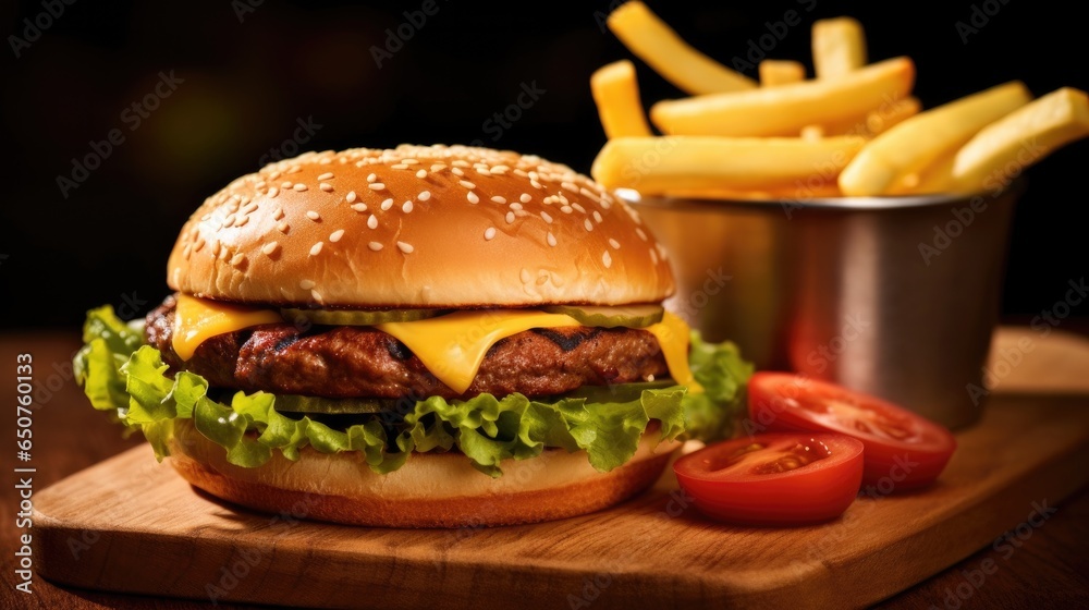 Tasty cheeseburger with french fries on wooden board Tasty cheeseburger with french fries on wooden board