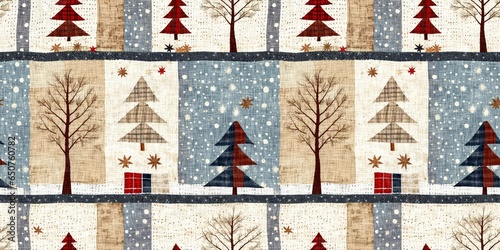 Cuadro en lienzo Old-Fashioned christmas tree with primitive hand sewing fabric effect border