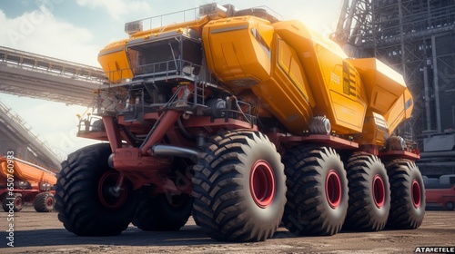 a massive articulated hauler with 12 wheels.Generative AI