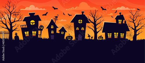 Halloween town silhouette of night city street landscape. Vector houses with trick or treat holiday pumpkins, spooky bats and cemetery tombstone, creepy trees, cat, spider web on sunset sky background