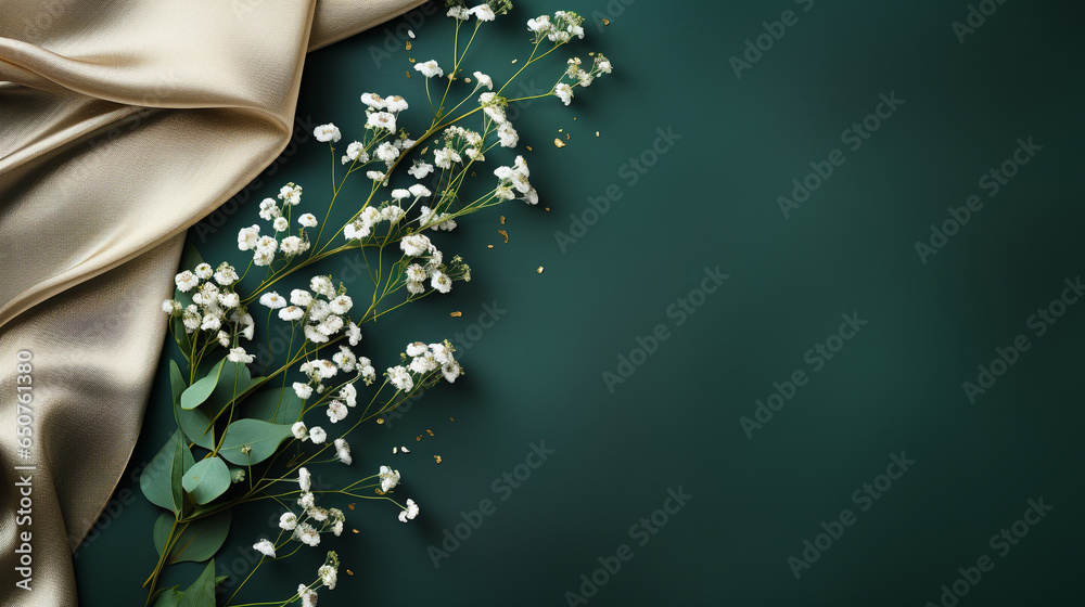 Feminine wedding desktop mockup with baby's breath Gypsophila flowers, dried green eucalyptus leaves, satin ribbon and painted pastel background. - obrazy, fototapety, plakaty 