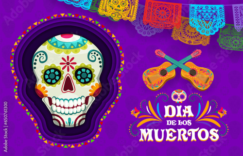 Day of the Dead Dia De Los Muertos paper cut banner with calavera skull and holiday papel picado garland. Vector mexican holiday ofrenda altar sugar skull and crossed guitars with flowers pattern