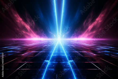 Dark  futuristic backdrop Blue neon light rays reflecting on water