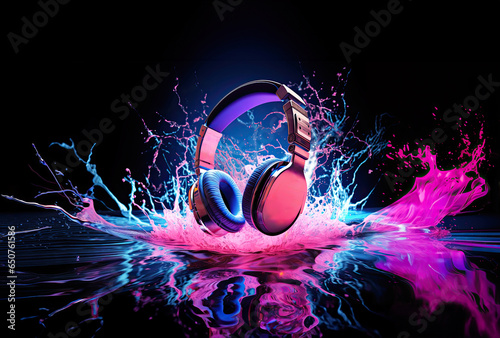 Print op canvas Headphones over Neon splashing wih vibrant colours, dynamic music blaster