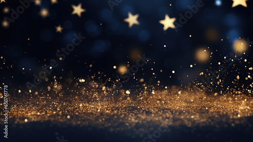 Abstract navy background and gold shine stars. New year, Christmas background with gold stars and sparkling. Christmas Golden light shine particles bokeh on navy background. Gold foil texture. photo