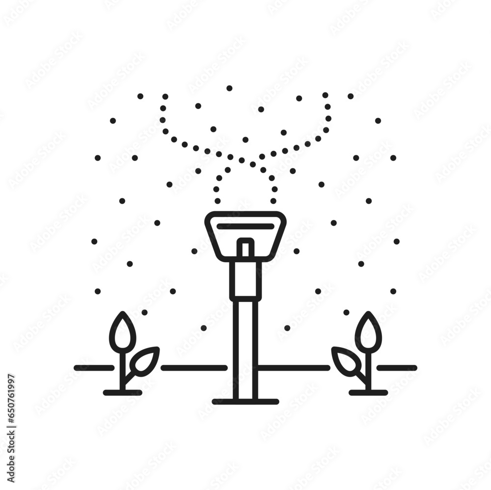 Agriculture plants irrigation system icon. Field seedling drip water irrigation, sprinkling technology or aquaponics automatic system outline vector sign. Farm watering equipment pictogram or symbol
