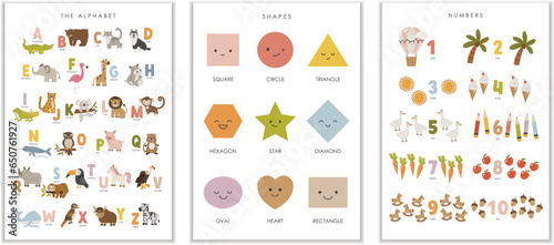 Set of 3 Educational Posters, Kids Wall Decor, Kindergarten Decor, Educational Animal Alphabet, Preschool Wall Prints, Numbers, Vector kids design