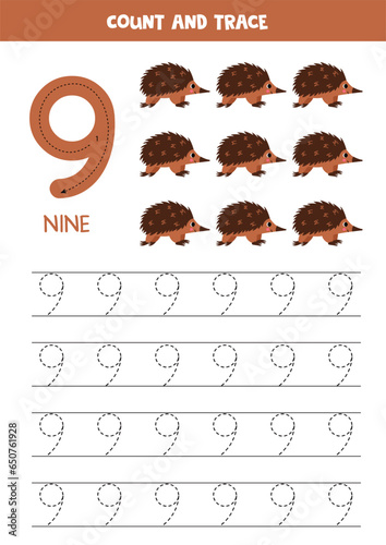 Trace numbers. Number 9 nine. Cute cartoon echidna.