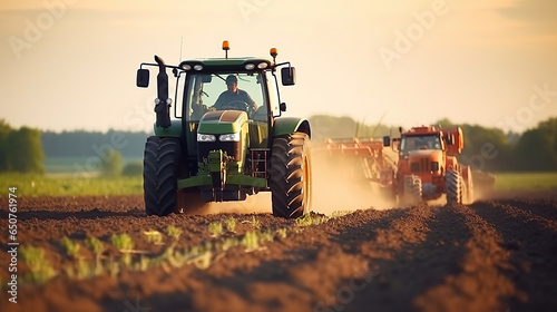 Agricultural workers with tractors. Ploughing a field with tractor at sunset. photo