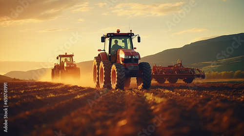 Agricultural workers with tractors. Ploughing a field with tractor at sunset. photo