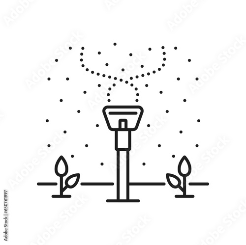 Agriculture plants irrigation system icon. Field seedling drip water irrigation, sprinkling technology or aquaponics automatic system outline vector sign. Farm watering equipment pictogram or symbol