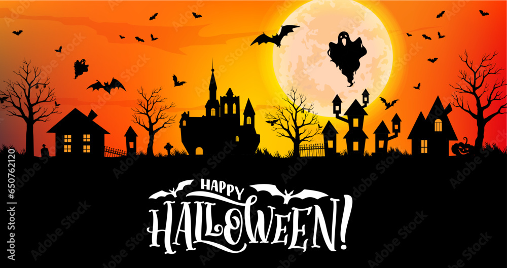 Halloween town silhouette. Vector banner with moonlit creepy cityscape shrouded in darkness, where eerie shadows of haunted houses, gnarled trees and ghost figures set stage at spooky night of frights