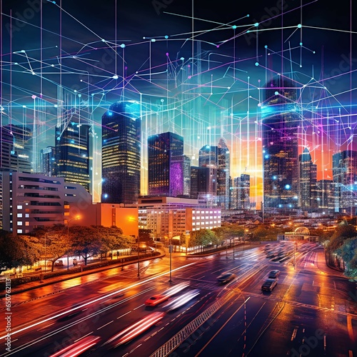 Composite image featuring a cityscape transformed into a digital, interconnected network, with quantum computer nodes and 5G communication signals flowing through the buildings and streets. Depict the