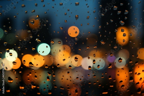 Glass raindrops blur the city at night, an atmospheric backdrop