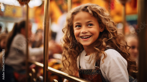 Cute little girl with curly hair having fun on carousel in amusement park. Octoberfest concept