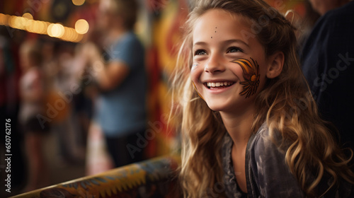 Cute little girl with curly hair having fun on carousel in amusement park. Octoberfest concept