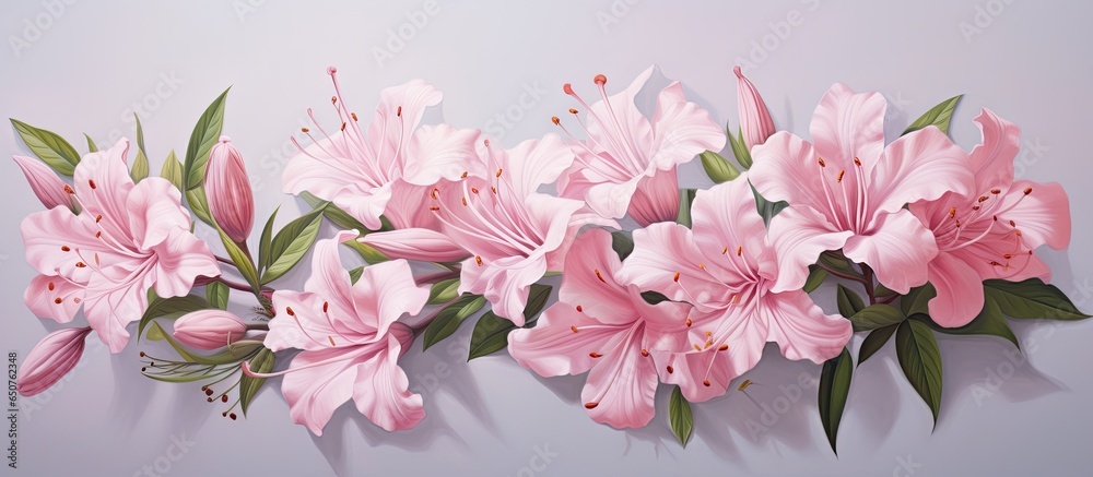 Two different grade pink azaleas bloom in a flower garden with a notable backdrop isolated pastel background Copy space - obrazy, fototapety, plakaty 