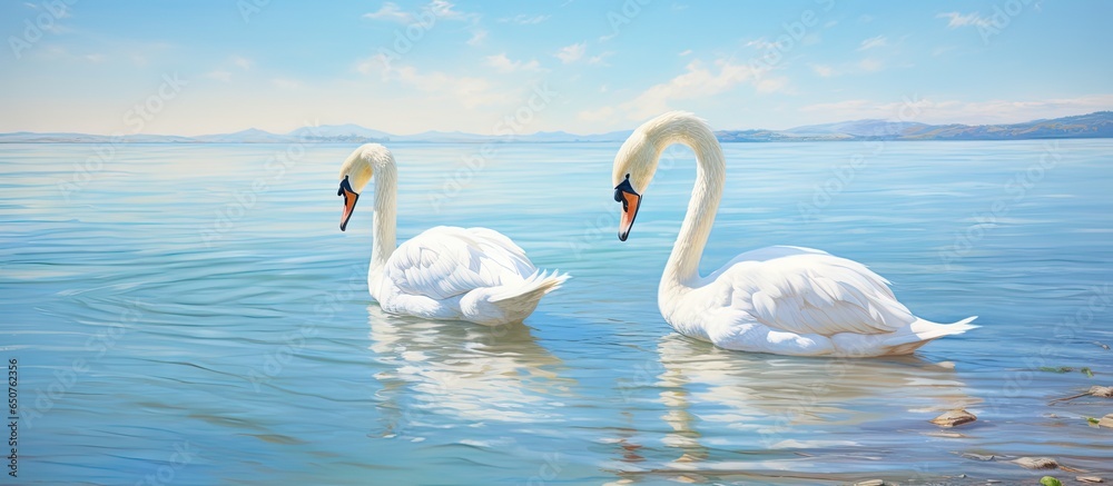 Fototapeta premium White swans gracefully gliding on a picturesque lake under a isolated pastel background Copy space