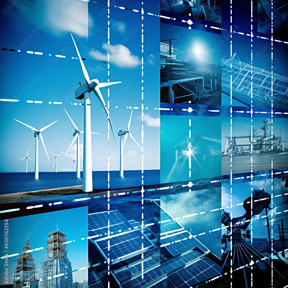 Composite image featuring a montage of renewable energy sources, such ...