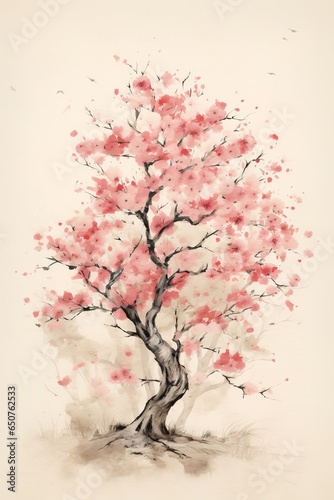 Generative AI, Beautiful japanese sakura tree, watercolor painting, vintage asian poster © DELstudio