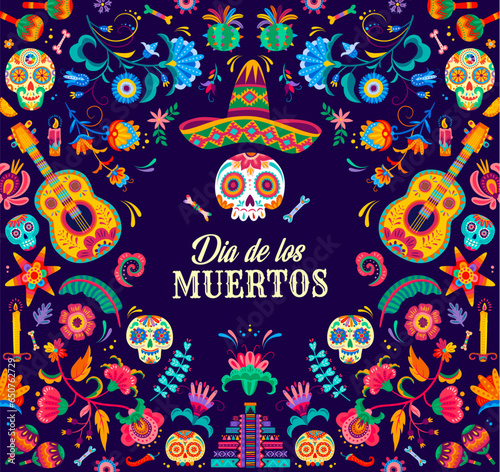 Mexican dia de los muertos banner with calavera sugar skulls. Day of the dead holiday vector background in traditional alebrije style with mariachi sombrero, guitars, bones, pinata or tropical flowers