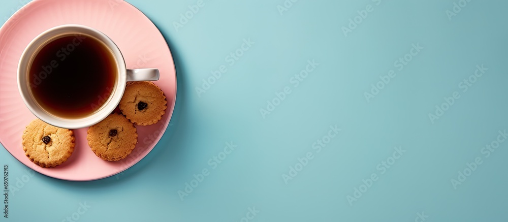 Tea with a biscuit on a plate isolated on a table isolated pastel background Copy space Tea with a biscuit on a plate isolated on a table isolated pastel background Copy space