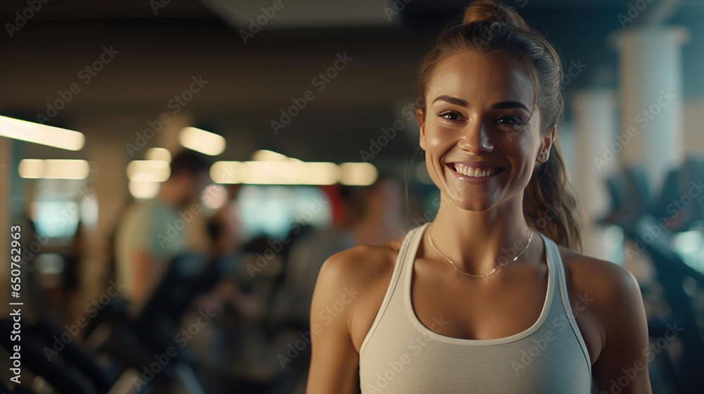 Fototapeta premium Close up image of attractive smiling fit woman in gym, wellness and healthy lifestyle with gym, Personal trainer.