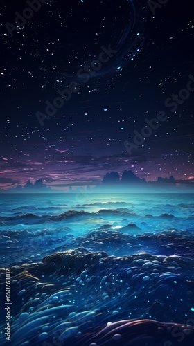 A mesmerizing night sky painting above a serene ocean