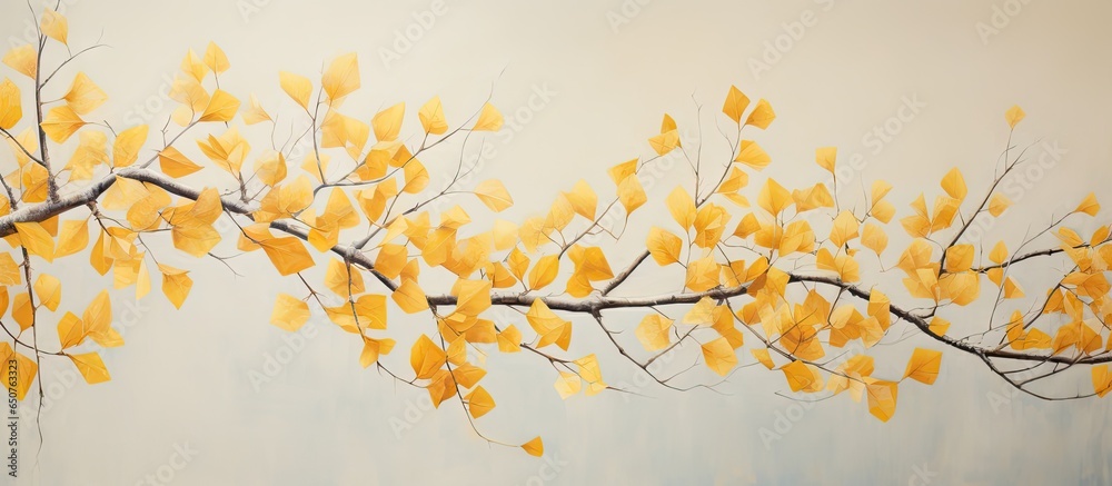 Yellow leaves on tree branches isolated pastel background Copy space