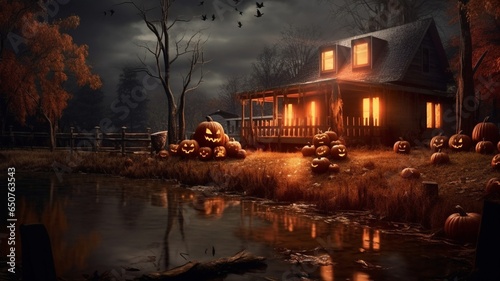 Halloween scene with a house, trees, pumpkins and lake in evening. AI generative