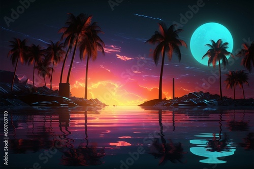 Palm trees  neon sunset  and water Retro album cover concept