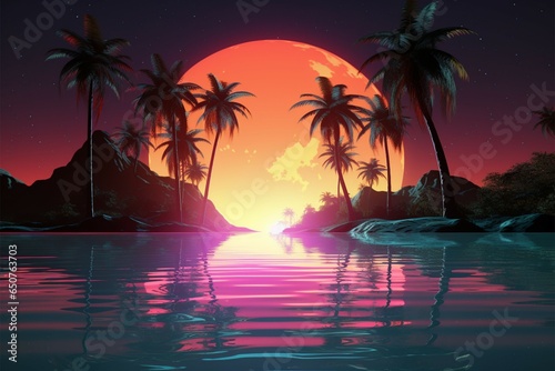 Palm trees, neon sunset, and water Retro album cover concept
