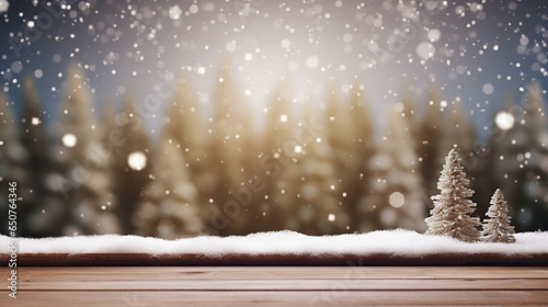 Empty wooden table top with blurred Christmas trees and snowfall with bokeh snow landscape, Christmas holiday background for product display.