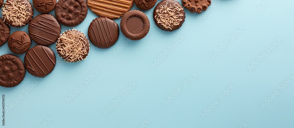 Cookies covered in chocolate and placed on a isolated pastel background Copy space