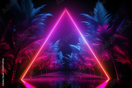 Vivid neon lighting creates abstract shapes among palm trees  3D