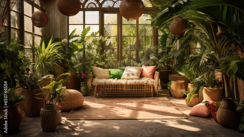 Bohemian Tropical Oasis: A fusion of bohemian and tropical styles with vibrant prints, rattan furniture, and an abundance of indoor plants