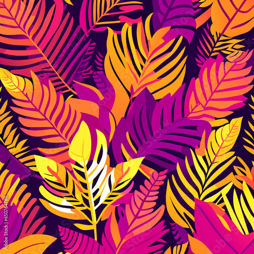 Seamless pattern with tropical leaves on dark background. Vector illustration.