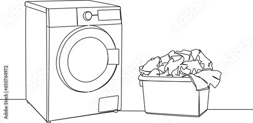 continuous single line drawing of washing machine and hamper with laundry, line art vector illustration