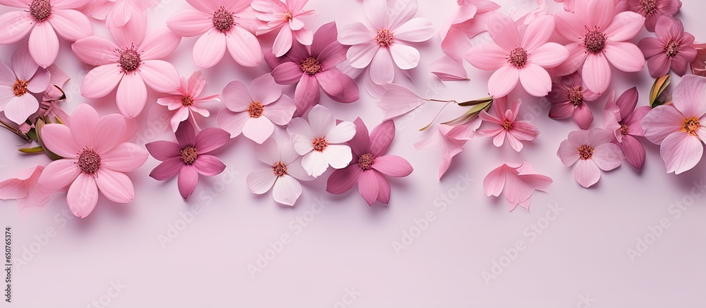 Gorgeous tiny pink blossoms isolated pastel background Copy space