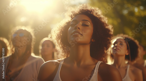 Group of multiethnic women stretching arms outdoor. Yoga class doing breathing exercise at park. Beautiful fit women doing breath exercise together with outstretched arms. © Santy Hong