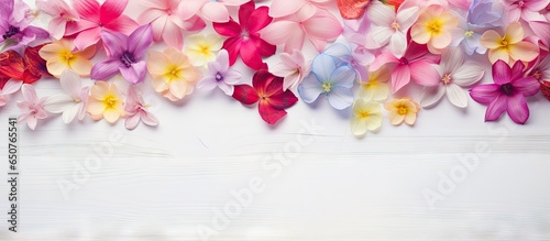 Womens Day greeting card featuring closeup of beautiful vibrant flowers isolated pastel background Copy space board captured from above © Ilgun