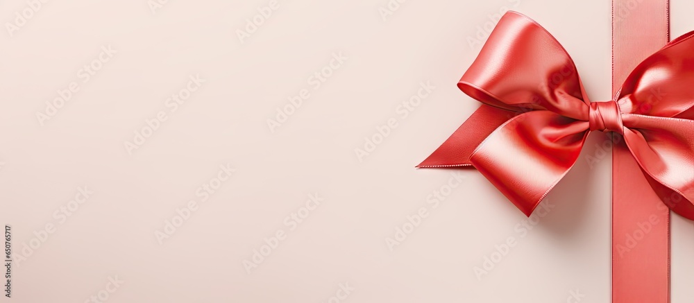Diagonal side view of a large fashionable gift with a creative bow and red satin ribbon isolated on a isolated pastel background Copy space Diagonal side view of a large fashionable gift with a creative bow and red satin ribbon isolated on a isolated pastel background Copy space