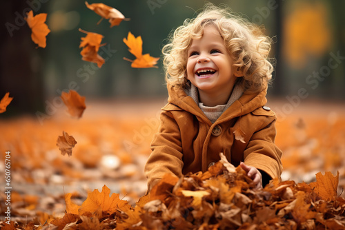 Adorable happy child playing with fallen leaves in autumn park.