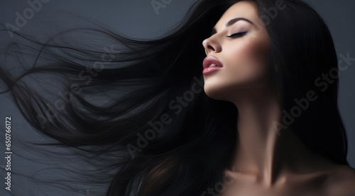 a beautiful woman blowing her long black hair on a grey background, concept of Beauty and hair care with keratin