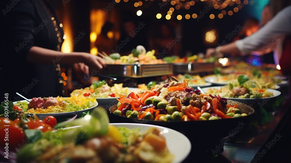 People group catering buffet food indoor in restaurant with meat colorful fruits and vegetables.