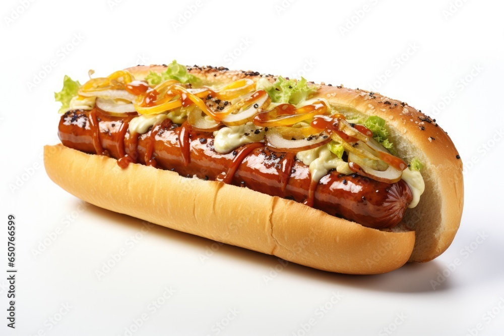 Delicious hot dog with ketchup, mustard and assorted toppings, isolated on white background