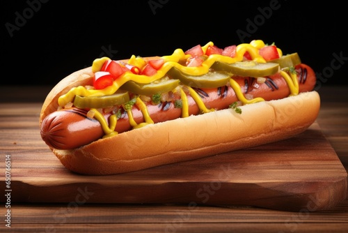 Delicious hot dog with ketchup, mustard and pickled cucumbers, on wooden board